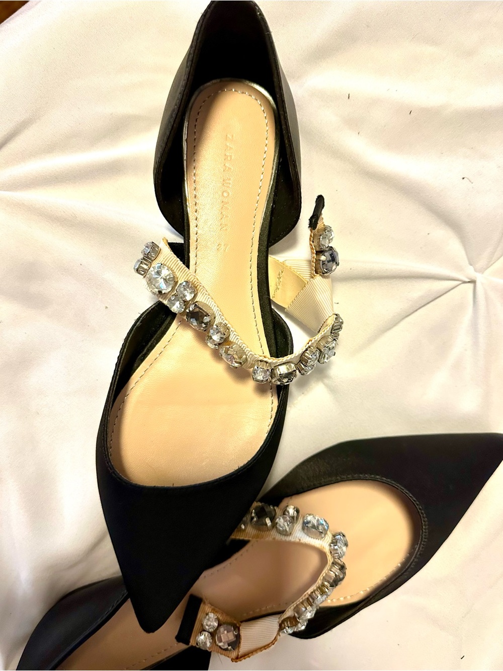 Zara Black Pointed Toe Jeweled Strap Flats